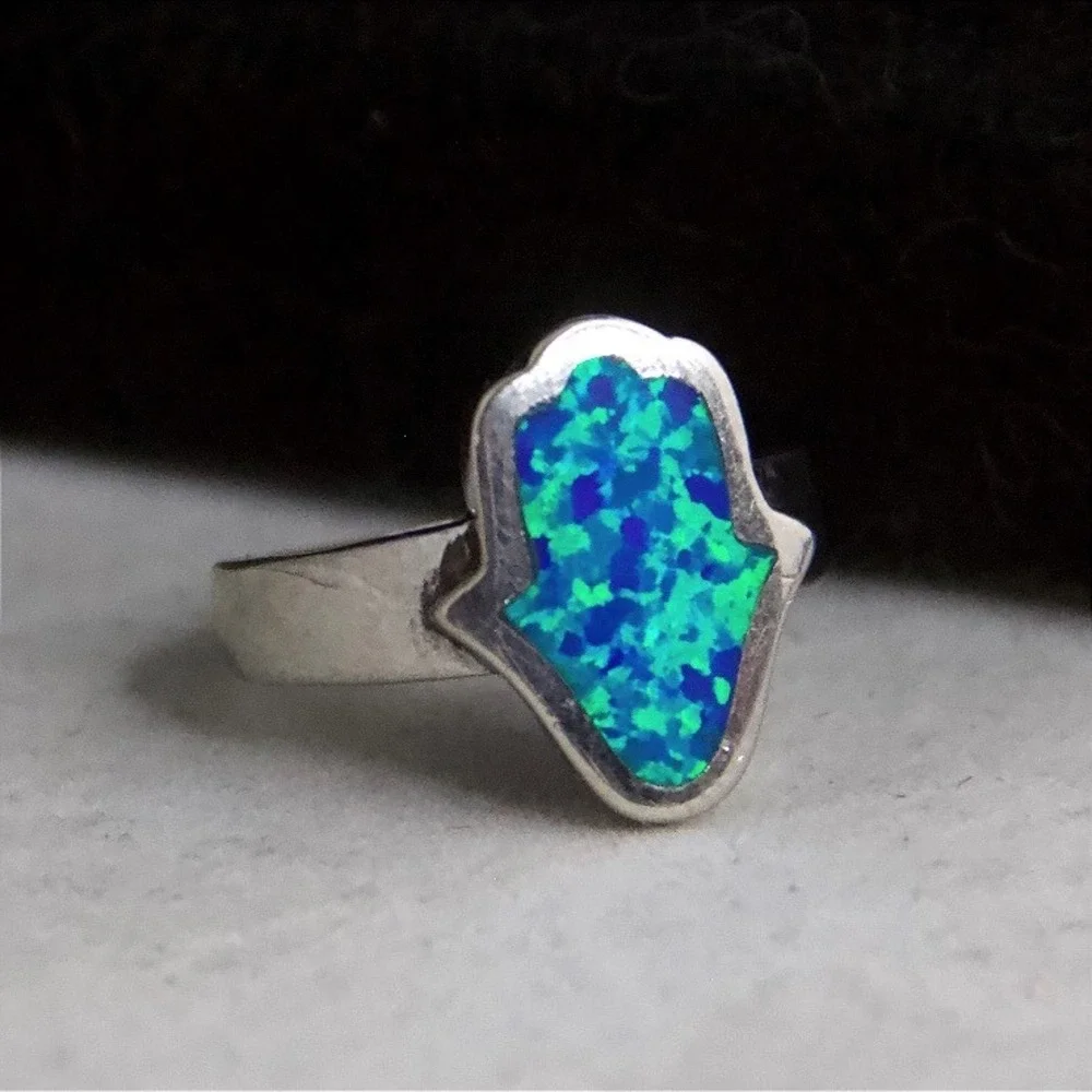 Sterling Silver 925 Hamsa Hand Blue Green Opal Inlay Ring Size 6.75 Spiritual